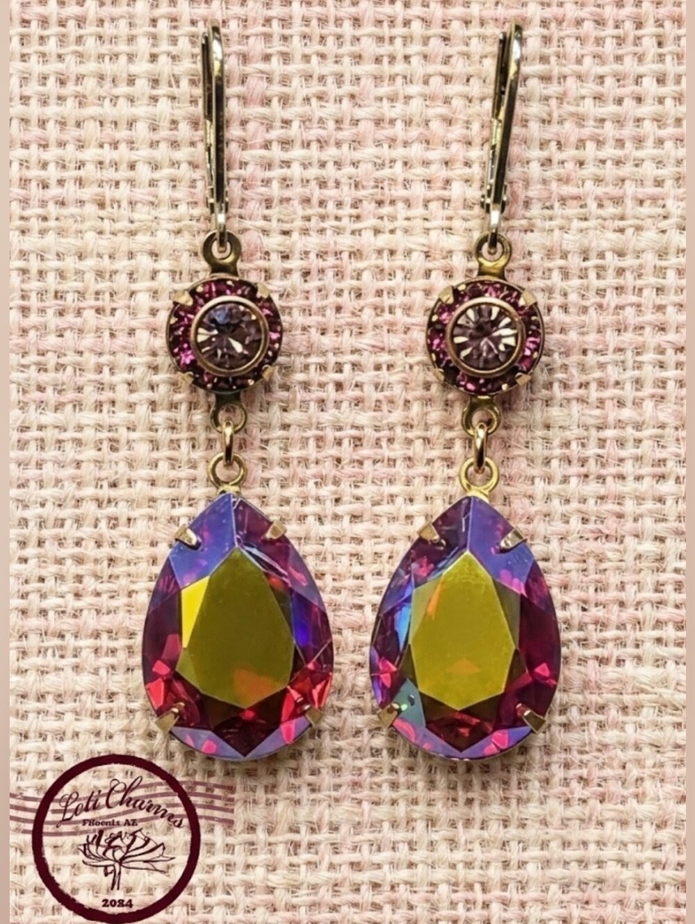Fiery Fuchsia Flower & Mettalic AB Earrings In Gold Plated
